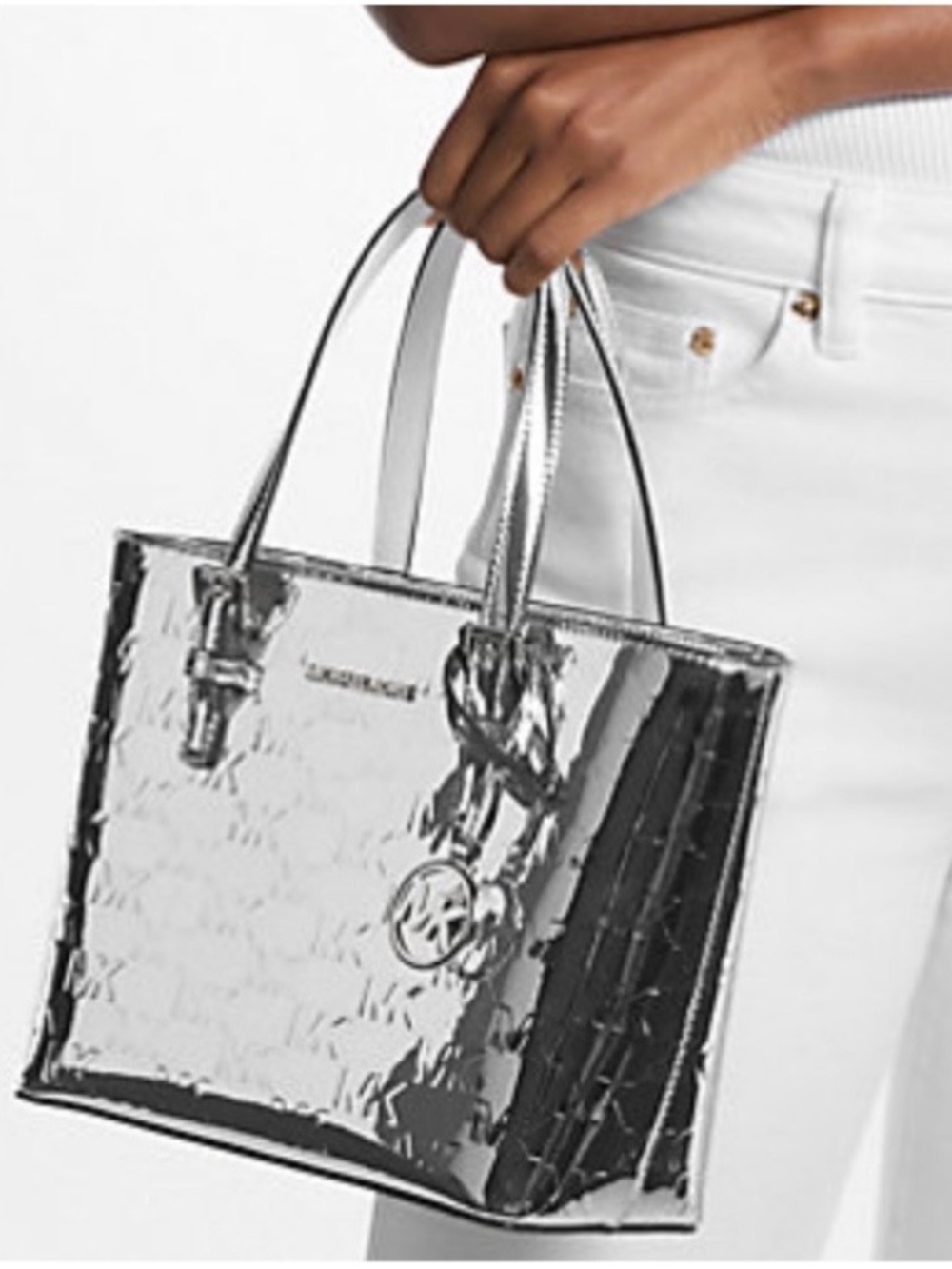 MICHAEL KORS Jet Set Extra Small Metallic Silver Embossed Tote